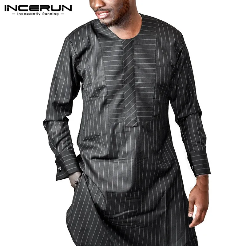 

INCERUN Men Striped Long Shirt African Attire Kaftan O-neck Long Sleeve Casual Tops Men Dashiki African Clothes Hombre Plus Size