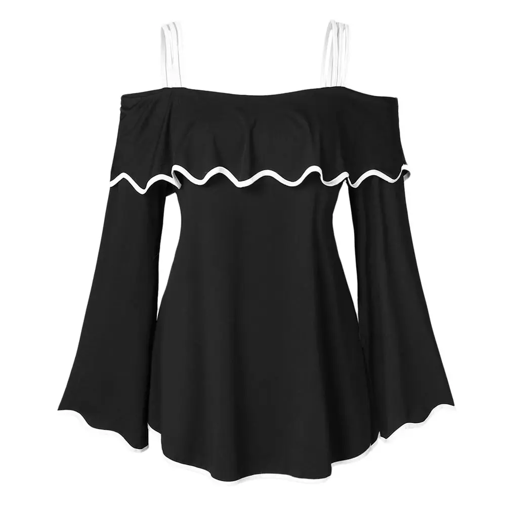 

Joineles Cold Shoulder Flare Sleeve Flounce Blouse Women Plus Size Shirts Spaghetti Straps Two Tone Tops Female Big Size Clothes