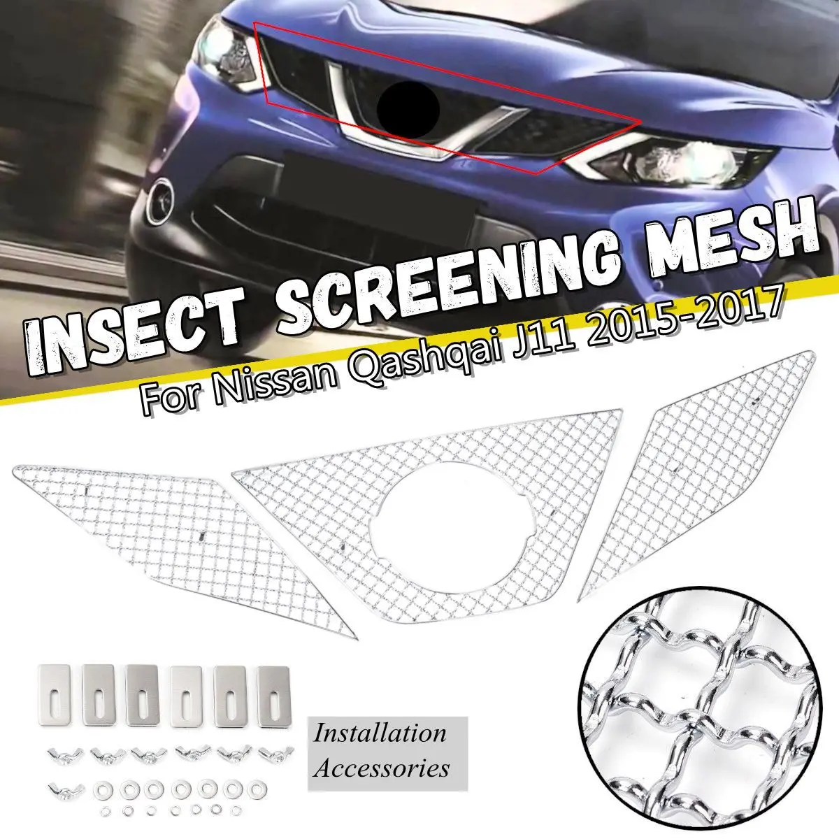 

3Pcs/Set Car Stainless Steel Front Bumper Grill Vent Grille Insect Screening Mesh Net For Nissan Qashqai J11 2015-2017