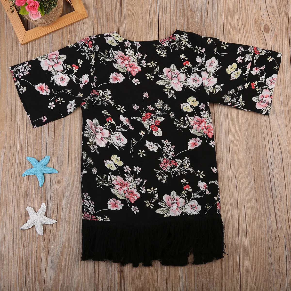 Лидер продаж; сезон лето; Boho; детский шифоновый кардиган-кимоно с цветочным рисунком и кисточками; комплект одежды; 2 цвета