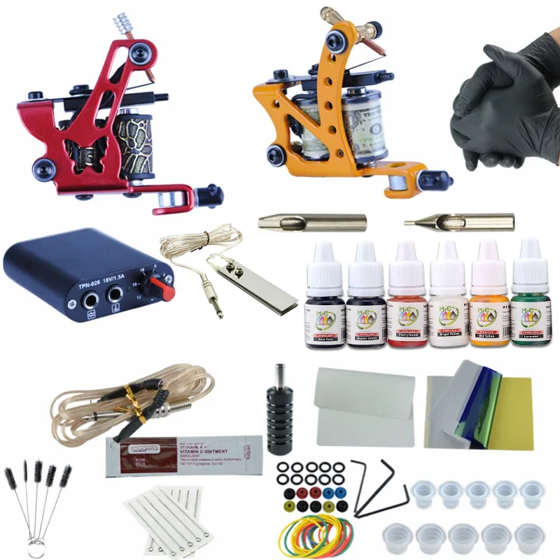 

Complete Tattoo Machine Kit Set 2 Coils Guns 6 Colors inks Pigment Sets Power Tattoo Beginner Grips Kits Permanent Makeup