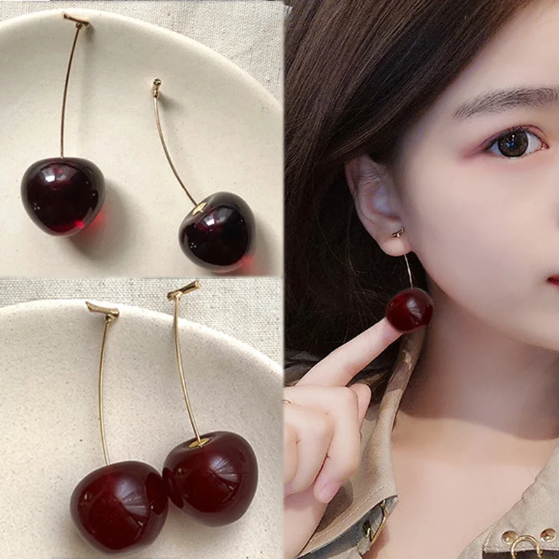 

Sale Cute Women's Earring Simulation Red Cherry For Girl Student Gift Gold Color Resin Fruit Sweet 1Pair 2019 New