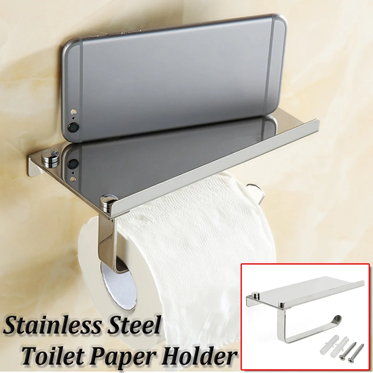 

Bathroom Paper Phone Holder with Shelf Stainless Steel Bathroom Mobile Phones Towel Rack Toilet Paper Holder Tissue Mount