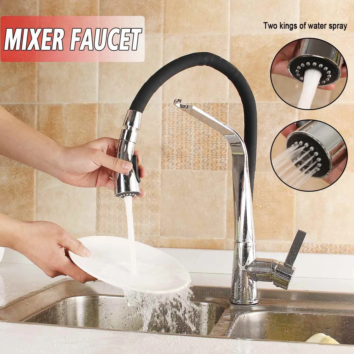 

Black Rubber Pull Down 360Rotation Modern Kitchen Vessel Sink Faucet Spout Mixer Tap Single Hole Handle Dual Sprayer Nozzle