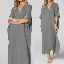 S-5XL, женское повседневное Длинное Макси платье на пуговицах, сексуальное винтажное платье-рубашка-сарафан с v-образным вырезом и рукавами, летние вечерние платья