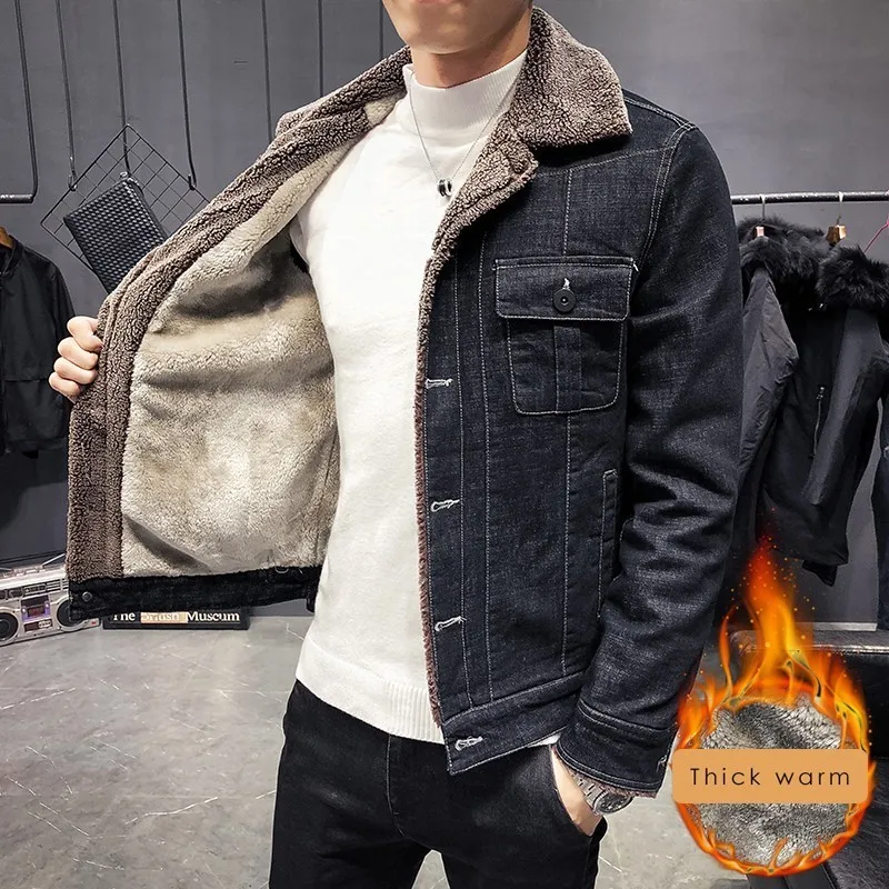 2018 Winter Fashion Mens Jean Jacket Warm Fleece Denim Jacket Men