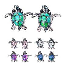 Панк серебро полированная морская черепаха огненный опал уха серьги-гвоздики Очаровательная маленькая океанская черепаха животных серьги для женщи