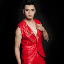 S-XXXL! Новая мода Тонкий Панк Мужская одежда красный заклепки кожаный жилет ds костюм мужской бар певица сценические костюмы
