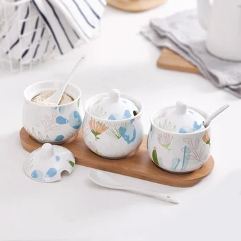 

Kitchen Spice Condiment Bottle Provides Tools Ceramic Set Bamboo Tray / Salt / Pepper Bottle / Sugar Storage Tank / Spice Jar