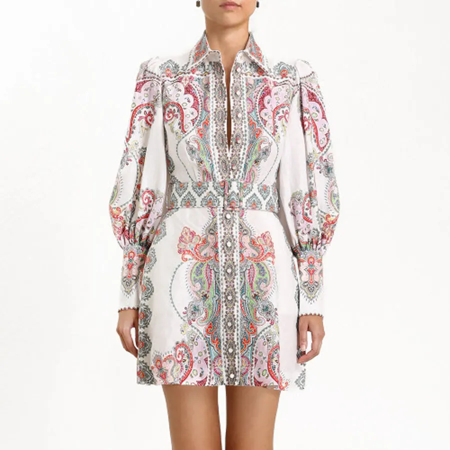 

[MENKAY] 2019 Women High Quality Long Sleeve Vintage Dress Women Vestidos Flower Printed Puff Sleeve Dresses Sexy 2019