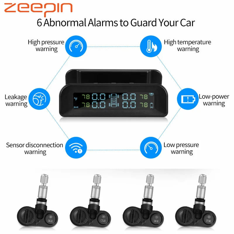

C260 Tire Pressure Monitoring System Solar TPMS Universal Real-time Tester LCD Screen Tyre Pressure Alarm with 4 Internal Sensor