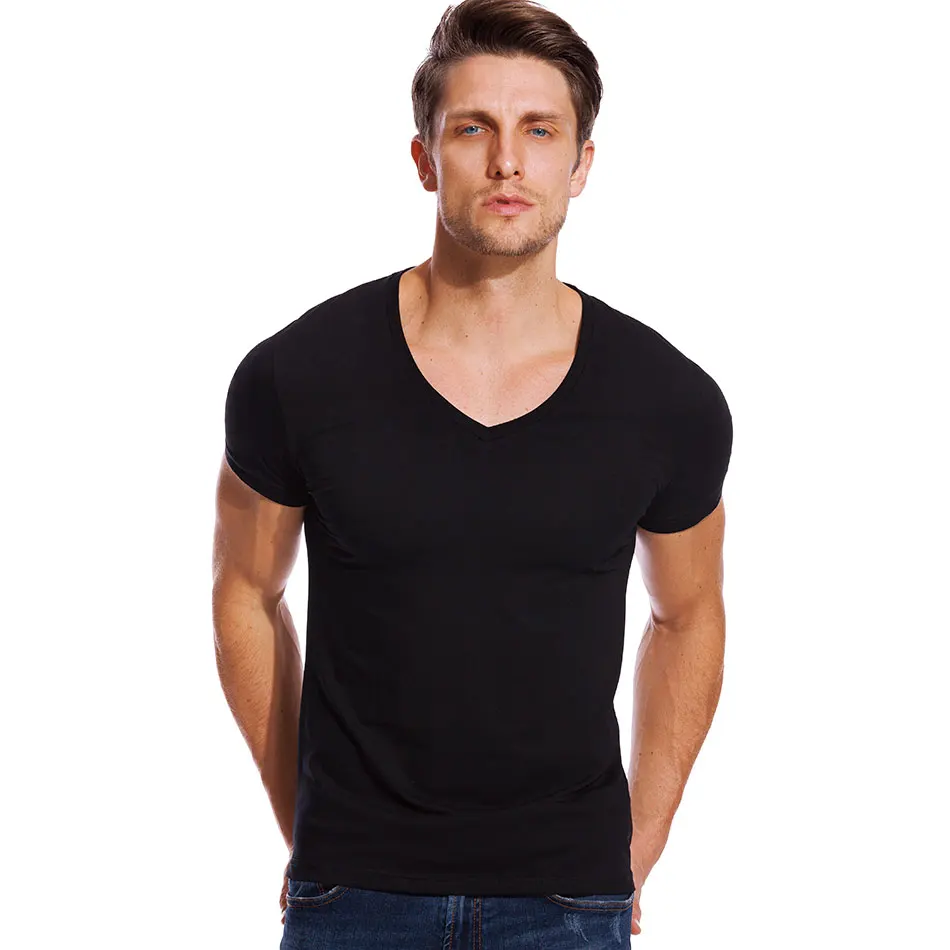 

Deep V Neck T Shirt for Men Low Cut Stretch Vee Top Tees Slim Fit Short Sleeve Fashion Male Tshirt Invisible Undershirt