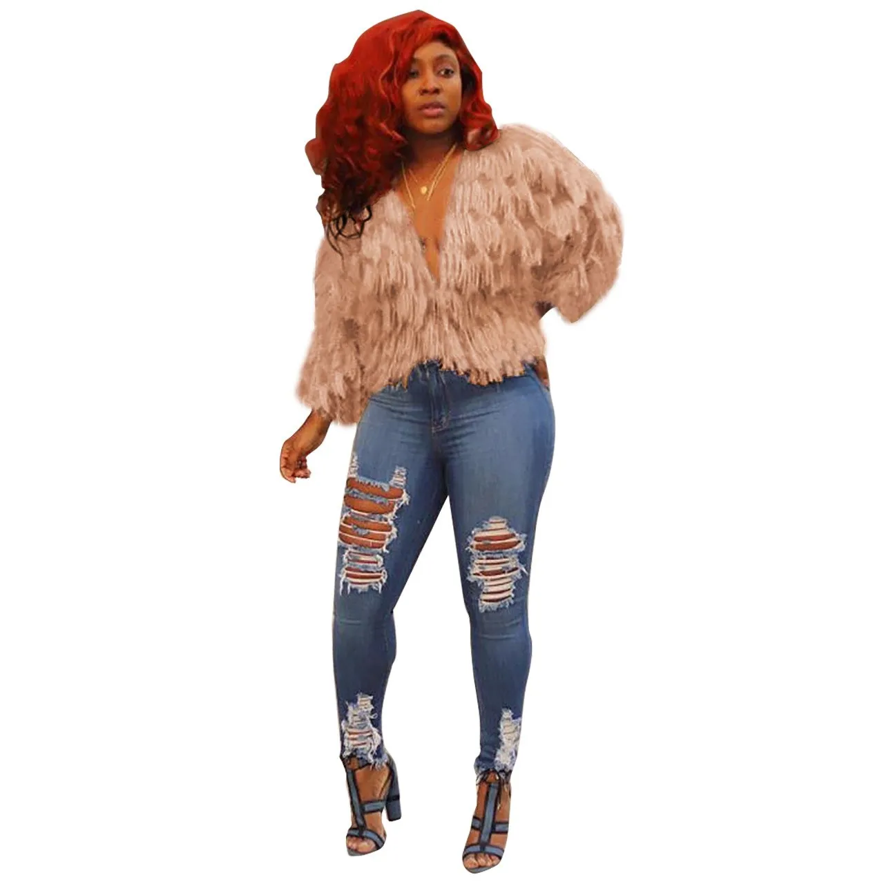 

Women Clothing Hairy Sweater Women Long Sleeve Short Cardigan Female Streetwear V Neck Fall Winter Tassel Sweater