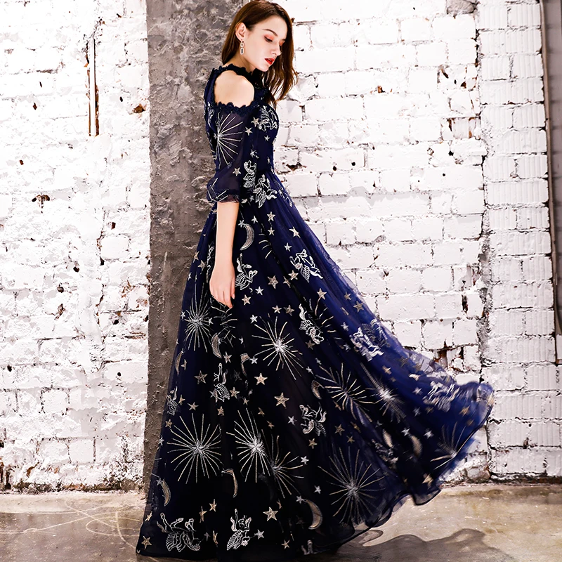 Женское вечернее платье в пол SSYFashion темно синее бальное из Мягкого Тюля с