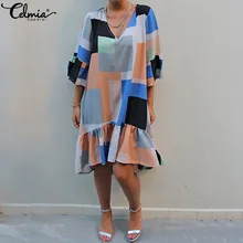 Женское лоскутное платье с оборками размера плюс, лето, сексуальное винтажное Повседневное платье-рубашка с v-образным вырезом и принтом, свободные миди платья