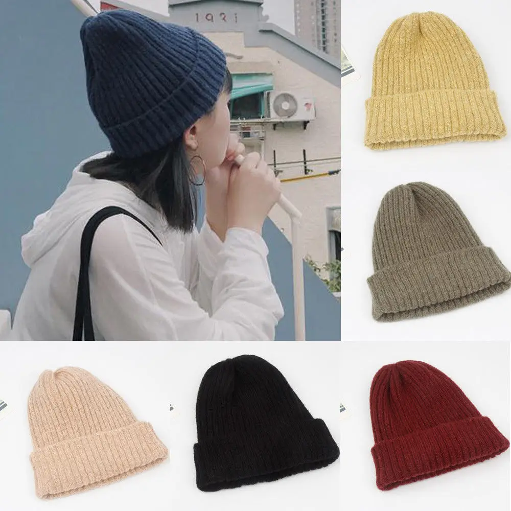 Women Man Warm Wool Beanie Knit Ski Cap Hip-Hop Blank Color Warm Unisex Hat