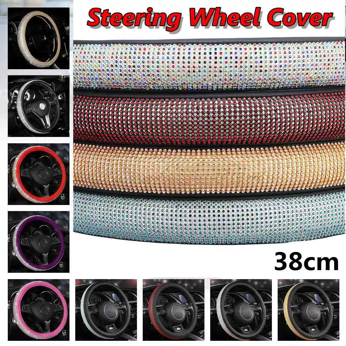 Najtaniej Skórzany pokrowiec na kierownicę samochodu z kryształem Rhinestone dla kobiet dziewczynki akcesoria wewnętrzne czarny beżowy 15 38 cm