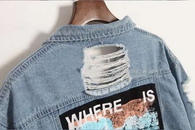 Fashion light blue hole denim jacket women korea retro letter print bomber jacket female ripped distressed cowboy coat plus size