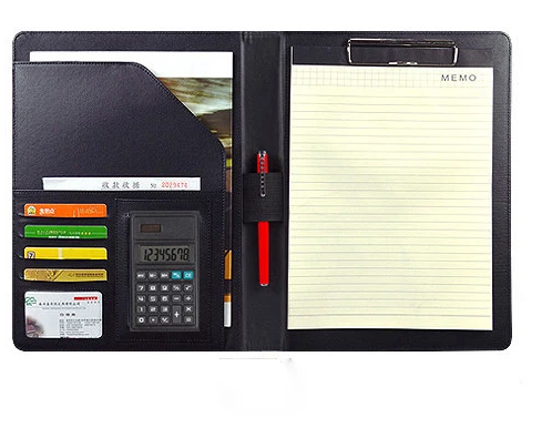 

letter size PU leather folder for documents , meeting conferences a4 clip file folder with calculator, notepad with rings