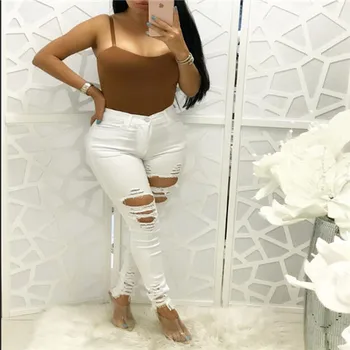 

Women Pencil Stretch Denim Skinny Shredded Trousers Female Hole Autumn Sexy Pants Destroyed Slim High Waist Trousers