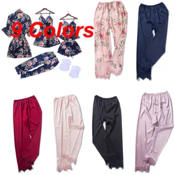 

2019 New Sexy Women Silk Satin Pajamas Sleepwear Nightwear Loungewear Homewear Long Pants