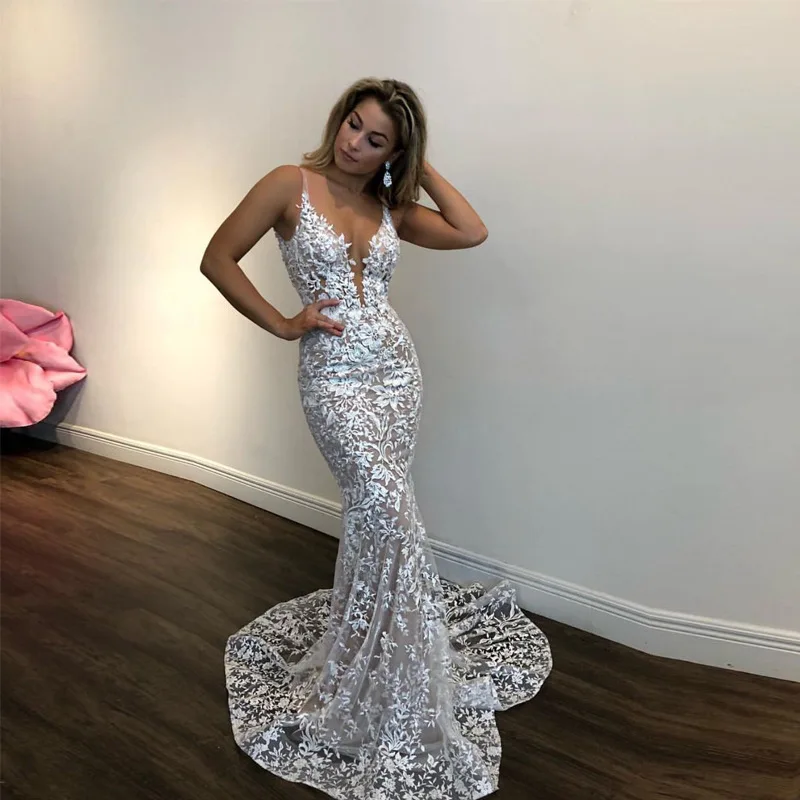 

Try Everything White Sexy Party Dress Long Mermaid Lace Dress Summer 2019 Spagetti Strap Ladies Evening Dresses For Women