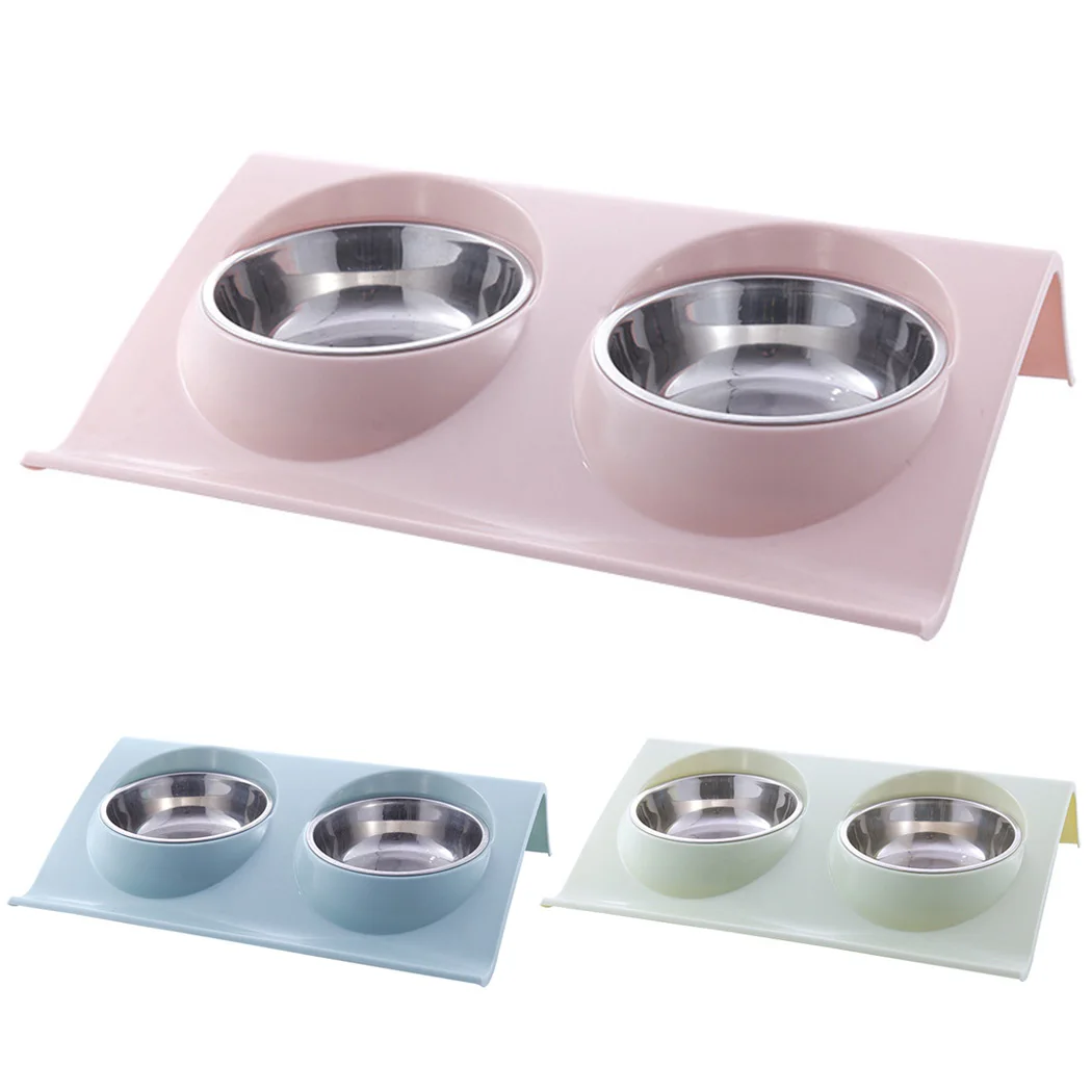 Stainless Steel Pet Dog Plastic Double Bowls Food Plate Teddy Dog Cat