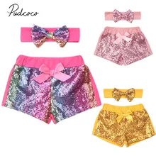 Новинка года, брендовые шорты с пайетками для маленьких девочек, штаны+ повязка на голову, комплект из 2 предметов, цветные шорты с эластичной резинкой на талии, шорты с бантиком, От 0 до 3 лет