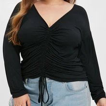 Большой Размер 5XL Женские Футболки Топы Осень-Весна Винтаж Wrap Передние Пуловеры С Длинным Рукавом Ruched Футболка Тис Плюс Размер Футболки