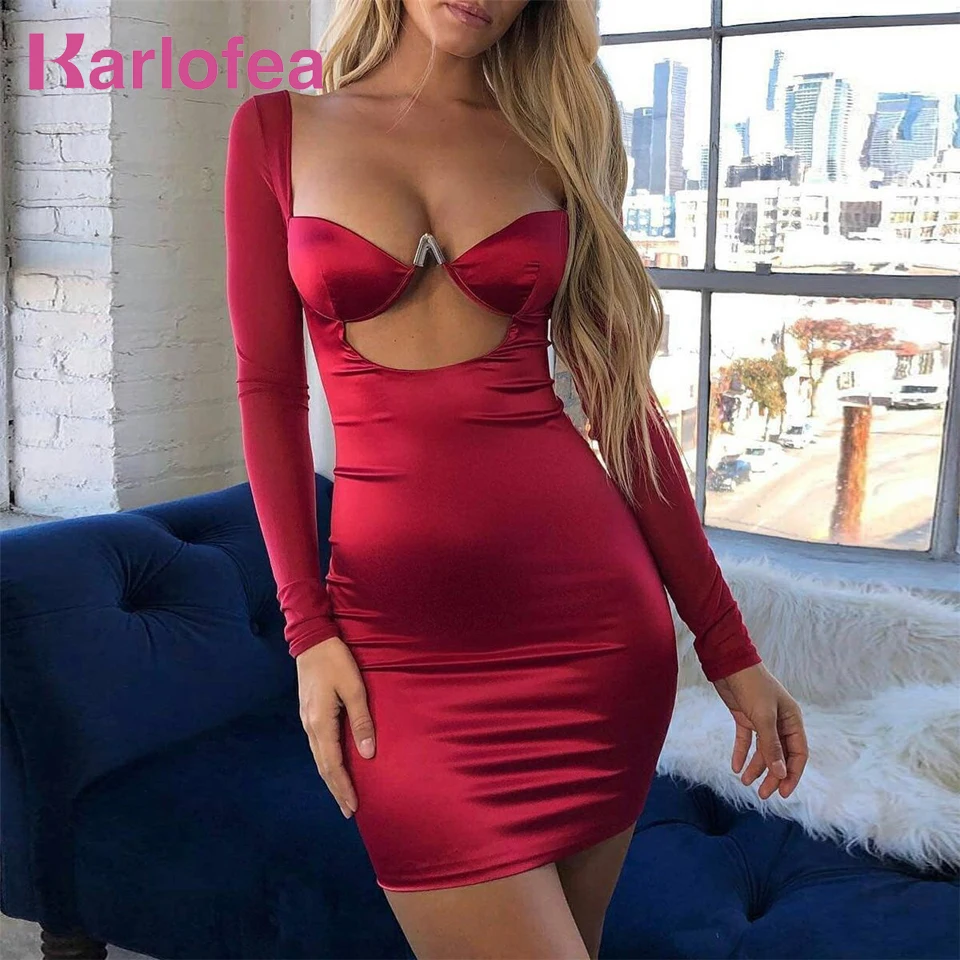 Karlofea Новое модное атласное мини платье с вырезами длинным сетчатым рукавом