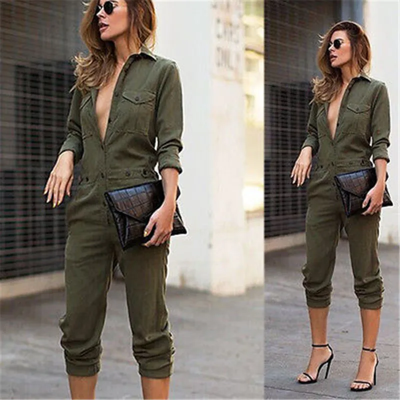 

Women's Vintage Denim spring casual deep V Clubwear Long Playsuit Jumpsuits Button Romper Trousers Solid Color Dark Green