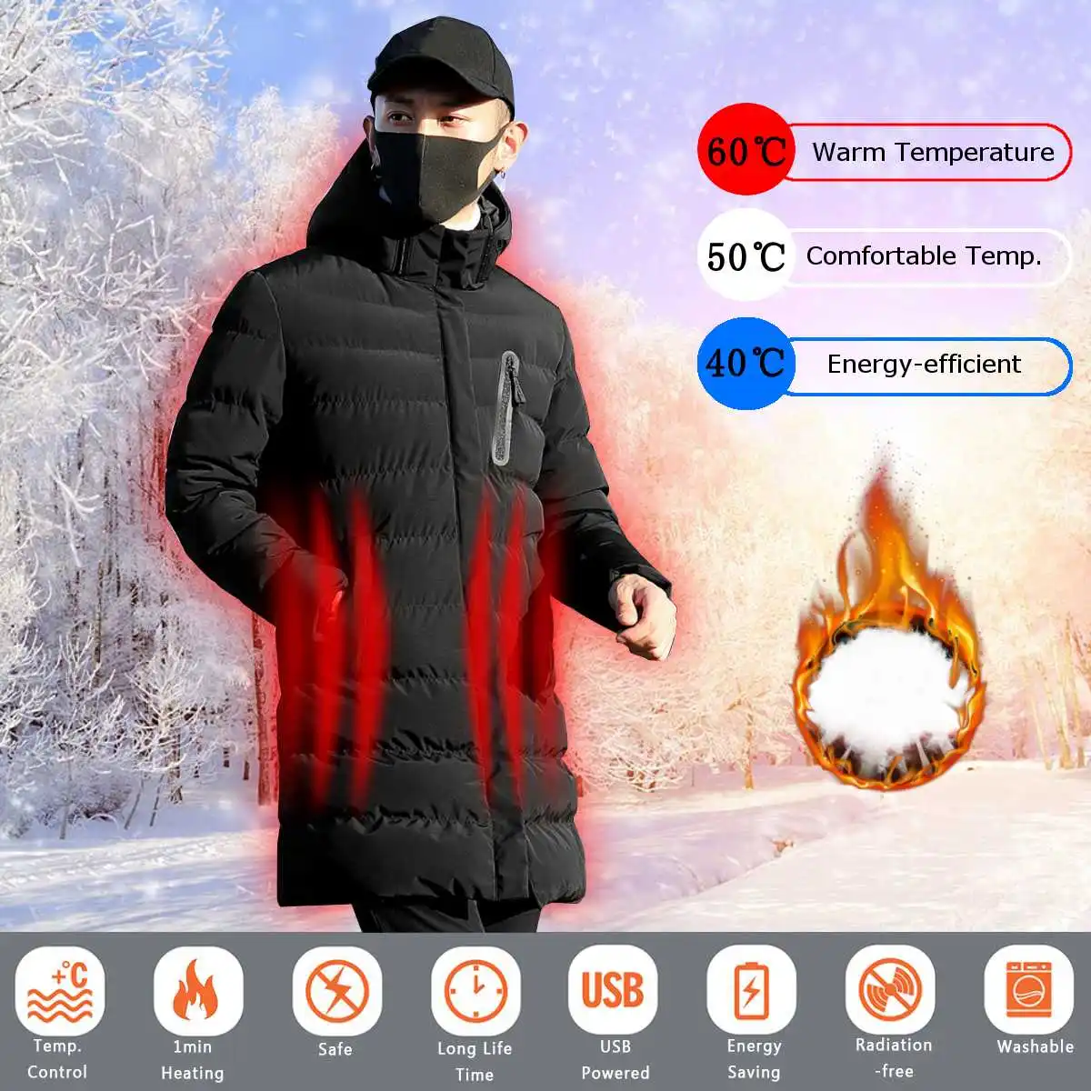 

Electric Heating Long Windproof Jacket Smart Thermostatic Overcoat Heater Cotton Men Winter Warm Heating Jackets Hiking Coats