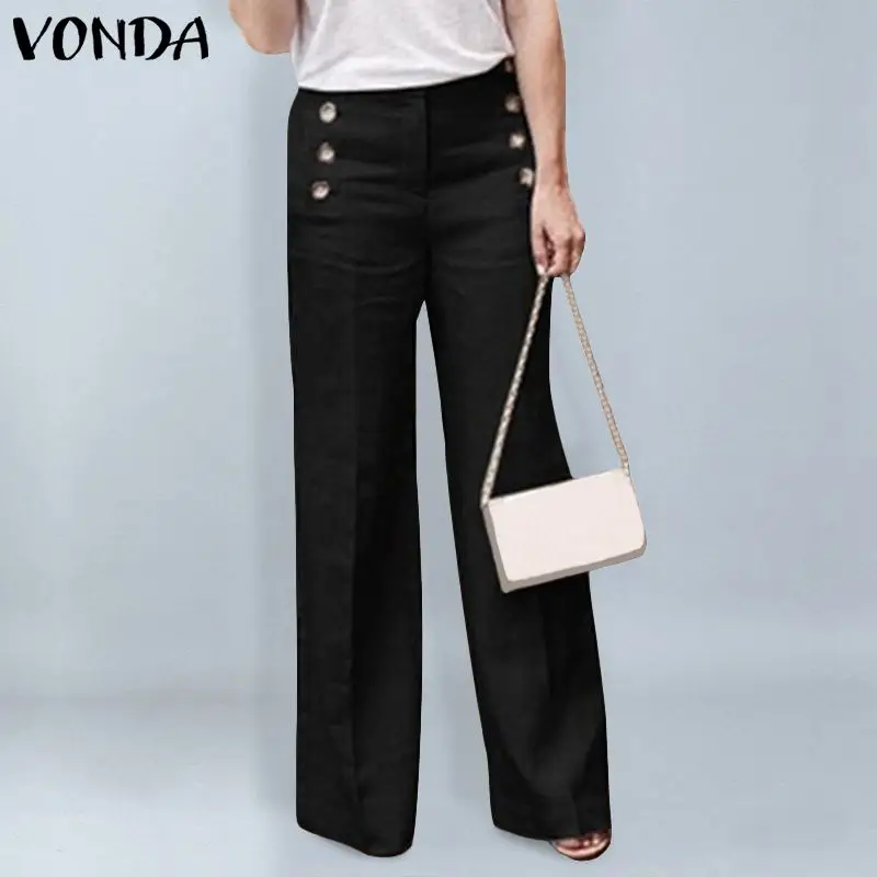 

VONDA Women Pants 2019 Autumn Office Ladies Wide Leg Pants Female Casual Buttons Zipper Trousers Plus Size Bottoms 5XL