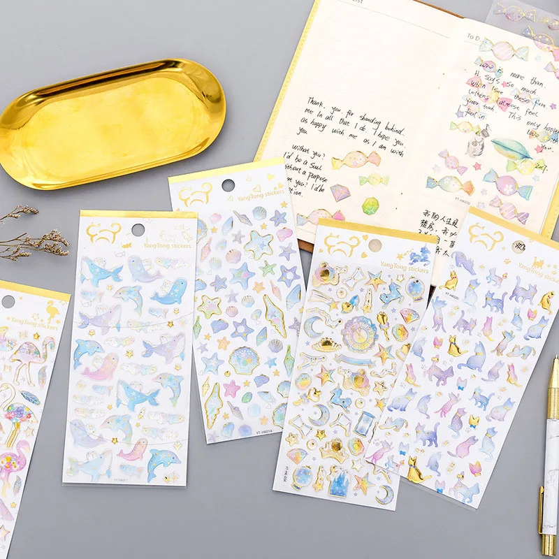 

1 Sheet Gold Foil Stickers Flamingo 3D Stickers Decorative Adhesive Cat Whale Candy PVC Stickers For Scrapbooking Diy Albums