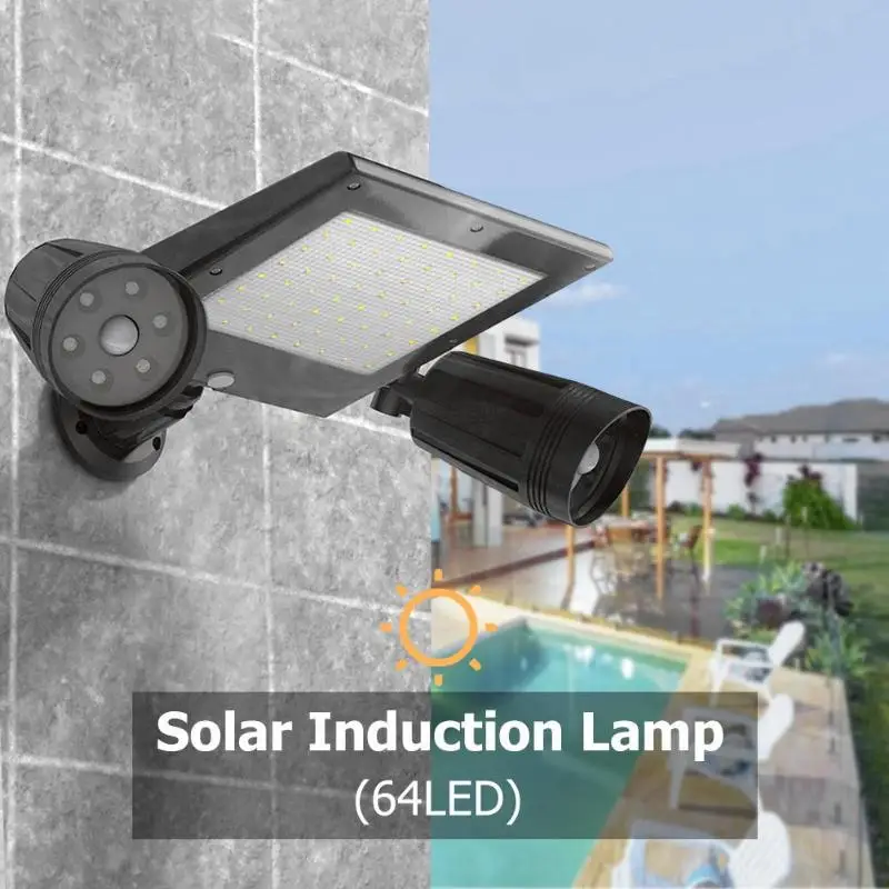 

64LED Solar Light Sensor Dual Head Solar Security Motion Floodlight Panel Light Lamp 360 Degree Rotate Outdoor Lighting Dropship