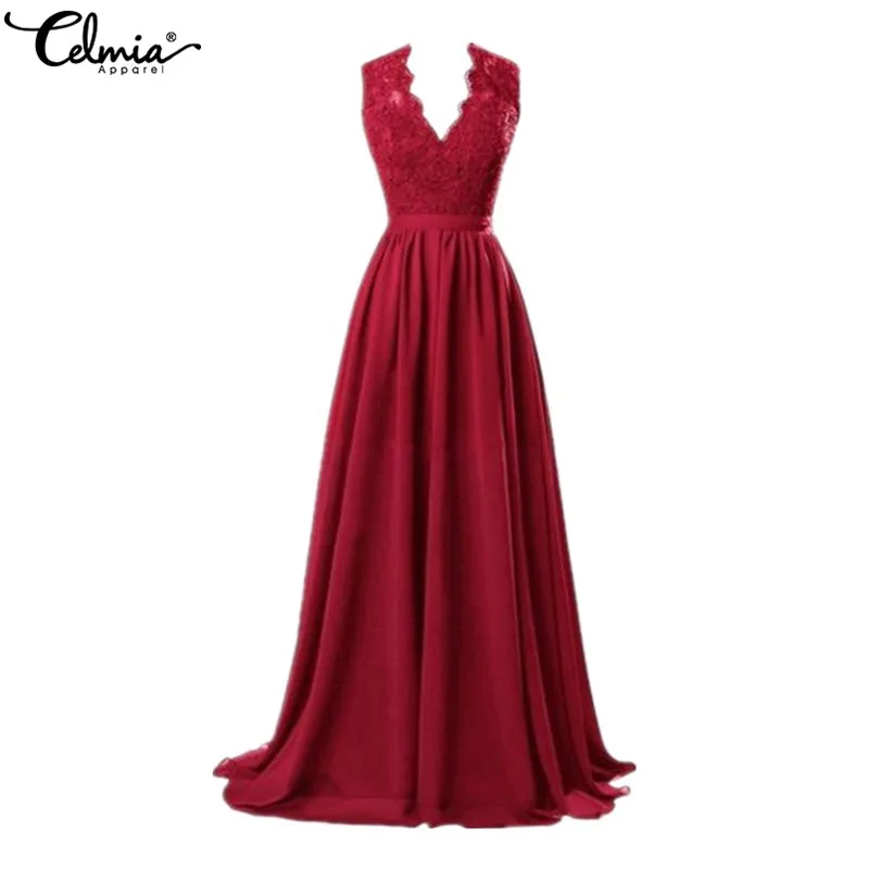 

Celmia Women Long Lace Dress Sleeveless Evening Party Maxi Dress Casual Sexy V Neck Plus Size Vestidos Mujer for Christmas Party