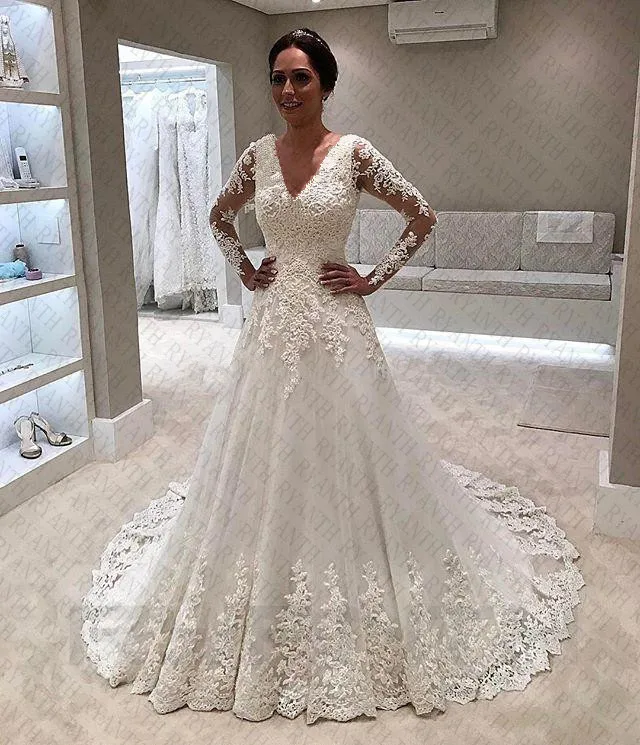 

Ryanth Vestido De Noiva Sexy V Neck Long Sleeve Lace Wedding Dress 2019 New Arrival Robe De Mariee Custom Made Bridal Gown
