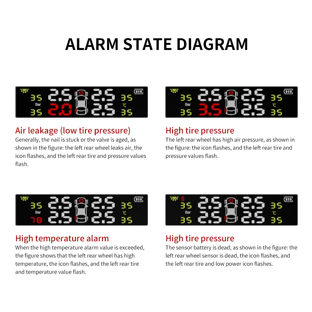 Система мониторинга давления в автомобильных шинах на солнечной энергии, беспроводная автомобильная система TPMS, 4 внешних/внутренних датчика в реальном времени, ЖК-дисплей, сигнализация в шинах