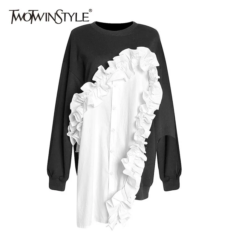 

TWOTWINSTYLE Patchwork Ruffle Women's Sweatshirt Long Sleeve Hit Colors Irregular Pullover Tops Female 2019 Autumn Fashion New