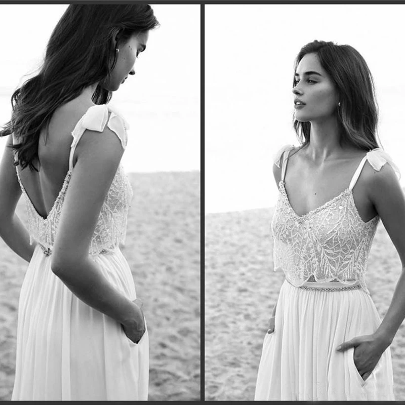

Smileven 2 Piece Lace Boho Wedding Dress 2020 Spaghetti Neck Beads Backless Bride Gowns Sweep Train Beach Chiffon Wedding Dress