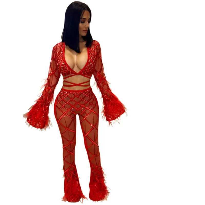 MUXU красный кружево Сексуальная see through комплект из двух предметов для вечерние клуба bodycon блеск блесток лоскутное перья