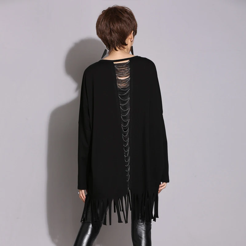 [EAM] 2019 Spring Woman Stylish Black Color Print Pattern Long Sleeve Spliced Tassel Back Hollow Loose T-shirt All Match LI173