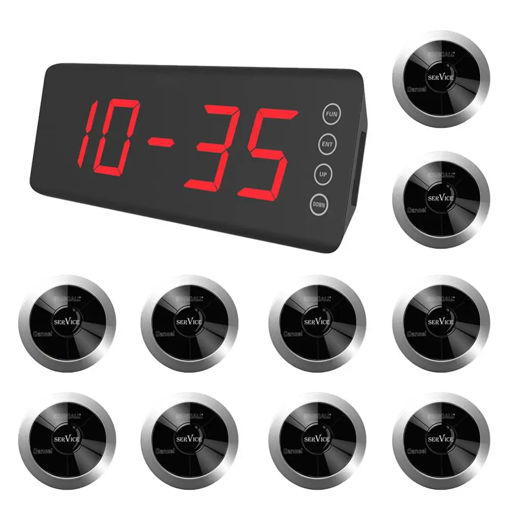 

SINGCALL Wireless Calling System, Pack of 1 Pc Display Receiver and 10Pcs table bells with 2 options waterproof button