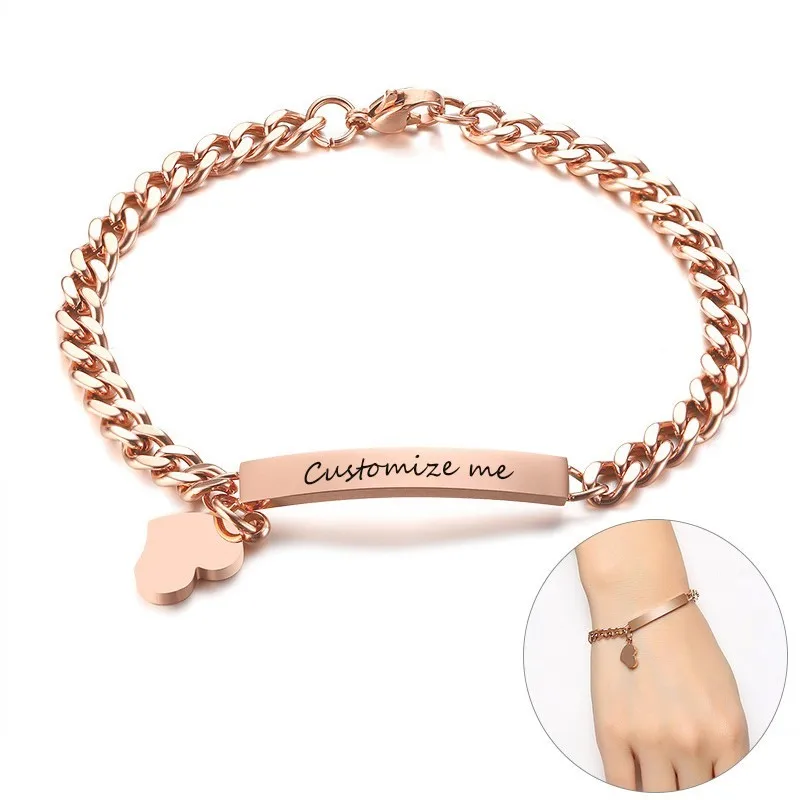 Women Chain Bracelets Free Engraving Name Stainless Steel Thin ID Tag with Small Heart Charm for Women Lady Female Jewelry 7.87