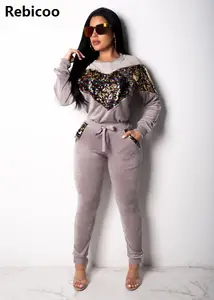 Rebicoo Sequin Velvet Tracksuits Women Set Autumn Winter Outfits Long Sleeve Hoodie Top+Pant Sweat Suit Velour 2 Piece Sweatsuit