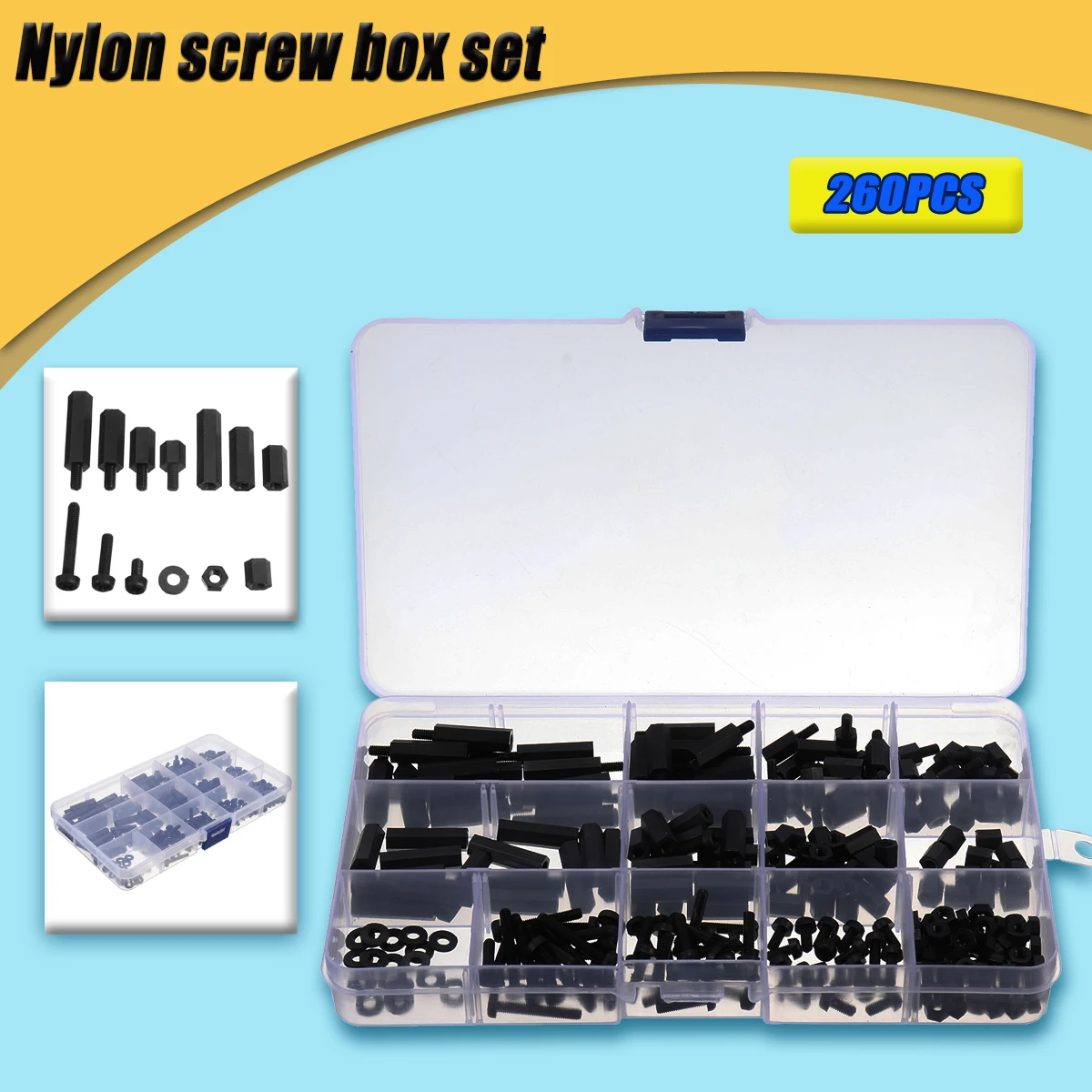 

260Pcs M3 Black Nylon Hex Spacers Screw Nuts Bolt Assortment Kit Stand-off Set With Box Insulation For Electronics Components