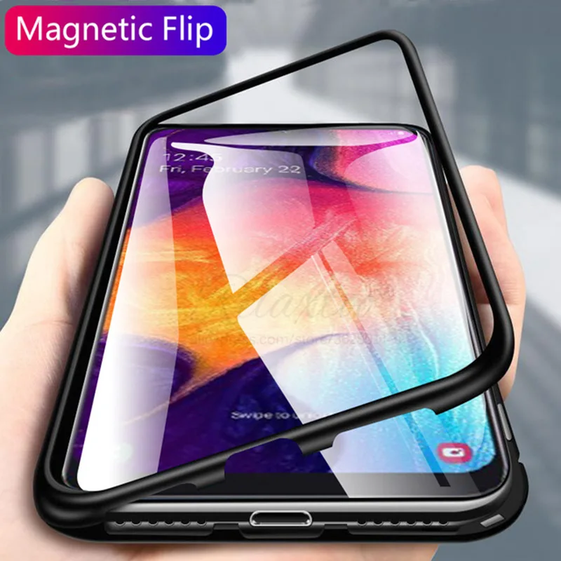 

Magnetic Flip Case For Samsung Galaxy A30 A503F Case Clear Tempered Glass Case Hard Back Cover Metal Frame Protective Coque A 30