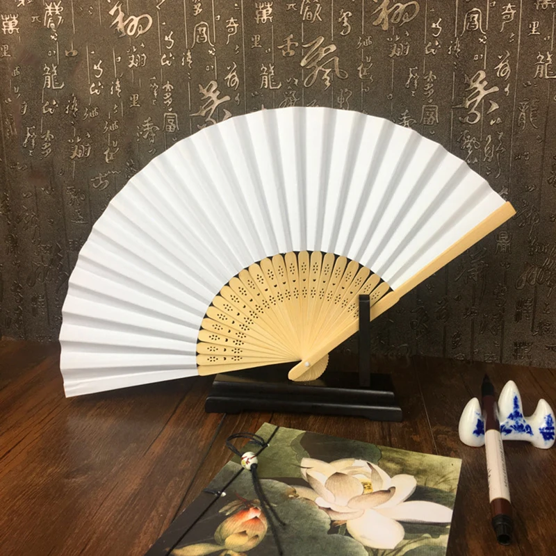 New Wooden Paper Fan Folding 50 pcs/lot White Folding Elegant Paper Hand Fan Wedding Party Favors 21cm(white)Solid Color