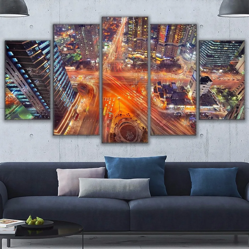 

Canvas Printed Seoul Korea At Night PaintingsWall Art 5 Panel Scenic Overhead Cityscape Poster Home Decorative Living Room