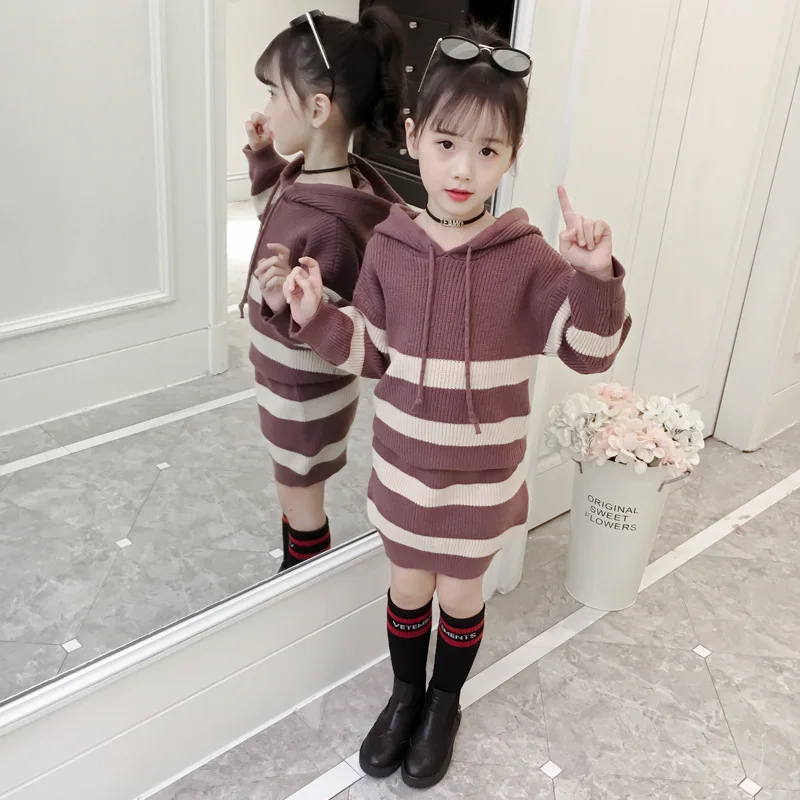 

New Pattern Girls Autumn And Winter Skirt Set Children Stripe Knitting Twinset